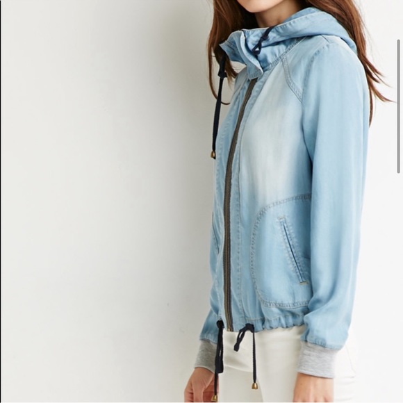 Forever 21 Life Progress Chambray Hooded Jacket S - Picture 13 of 14